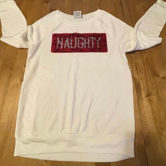Naughty Nice Sweatshirt White with Red & Silver Sequins Sz XS Christmas Holiday - Picture 2 of 10